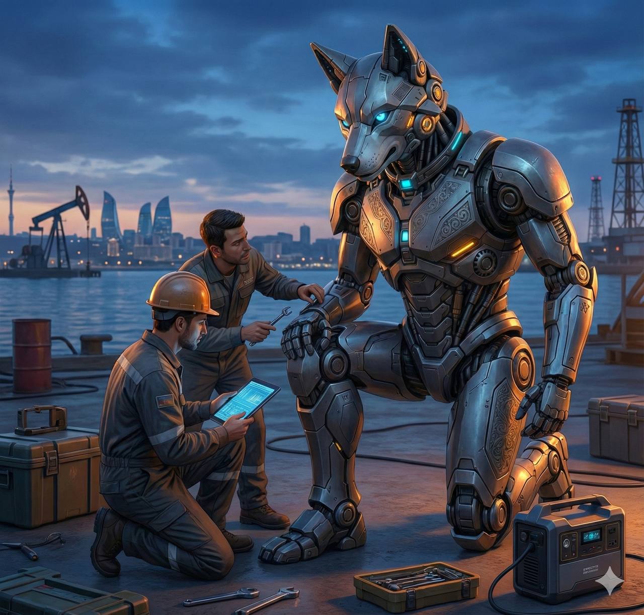 Maximus — Bakı buxtasında neft işçiləri ilə, Flame Towers arxada